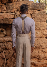 Grandad Collar Cotton Shirt - Brown Pinstripe