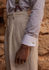 Grandad Collar Cotton Shirt - Brown Pinstripe