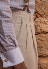 Grandad Collar Cotton Shirt - Brown Pinstripe