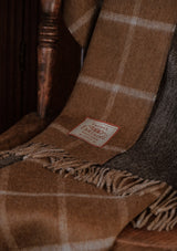 Double Sided Merino Wool Throw - Mustard Check / Brown Herringbone