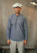 Grandad Collar Cotton Shirt - Blue Stripe