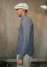 Grandad Collar Cotton Shirt - Blue Stripe
