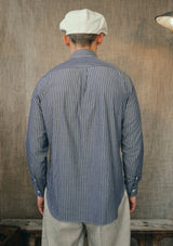 Grandad Collar Cotton Shirt - Blue Stripe