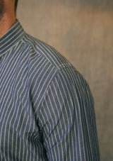 Grandad Collar Cotton Shirt - Blue Stripe