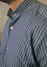 Grandad Collar Cotton Shirt - Blue Stripe