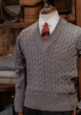 Cable Knit V-Neck Sweater - Blue Marl