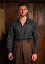 Denim Half Button Long Sleeve Workwear Shirt - Blue