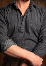 Denim Half Button Long Sleeve Workwear Shirt - Blue