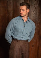 Denim Half Button Long Sleeve Workwear Shirt - Light Blue