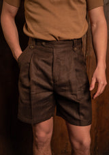 Gene Pure Linen Shorts - Tobacco Herringbone