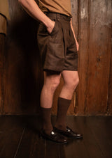 Gene Pure Linen Shorts - Tobacco Herringbone