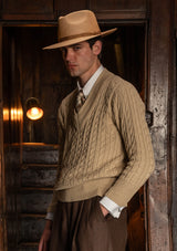 Cable Knit V-Neck Sweater - Biscuit