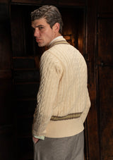 Cable Knit V-Neck Sweater - Green Clay Stripe