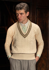 Cable Knit V-Neck Sweater - Green Clay Stripe