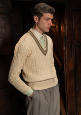 Cable Knit V-Neck Sweater - Green Clay Stripe