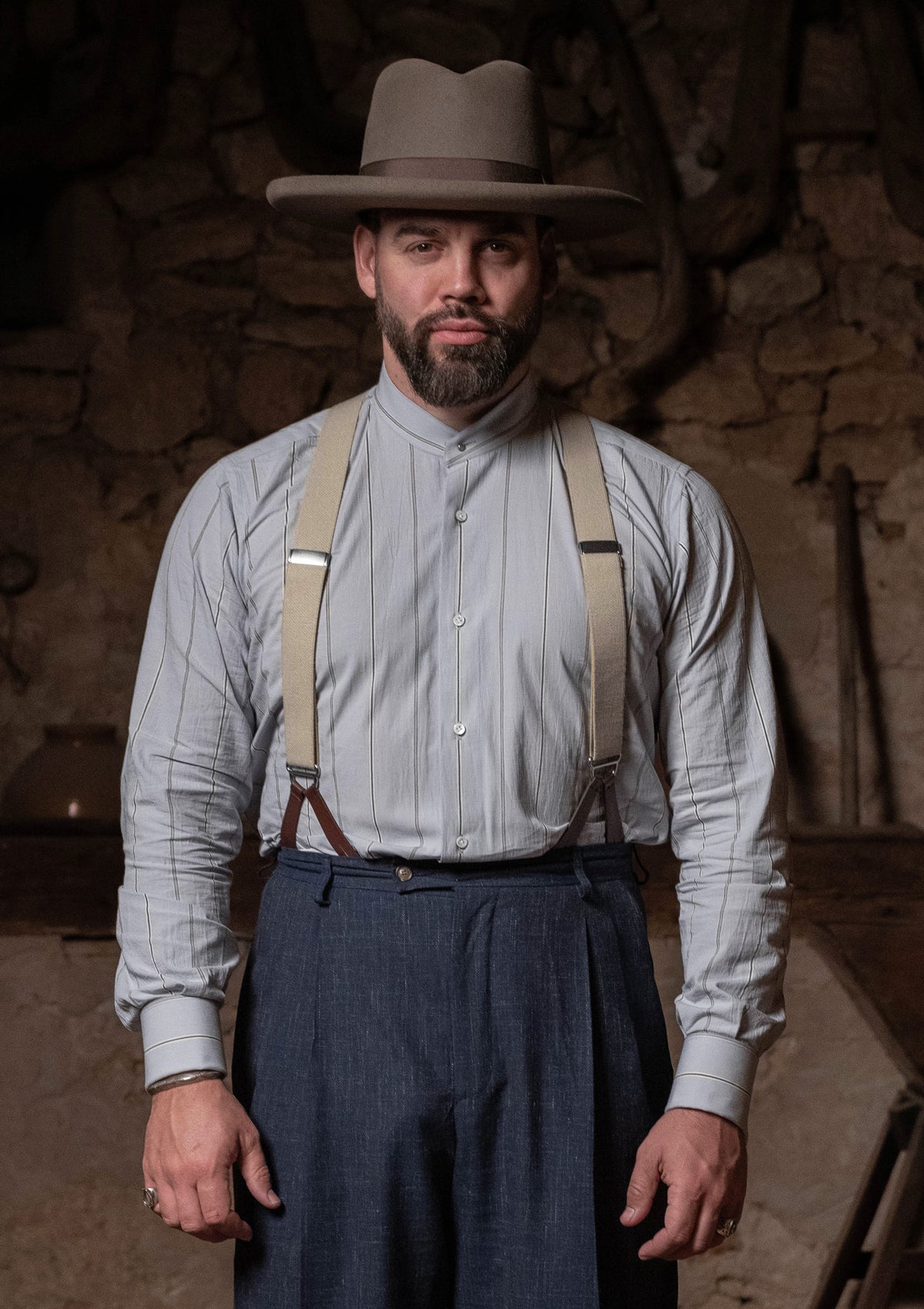 Grandad Collar Cotton Shirt - Blue Stripe