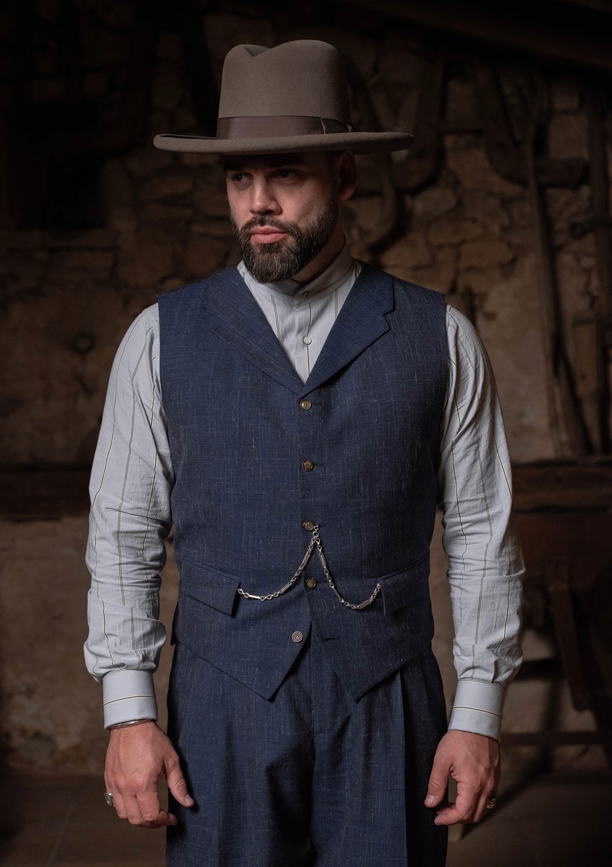 Grandad Collar Cotton Shirt - Blue Stripe