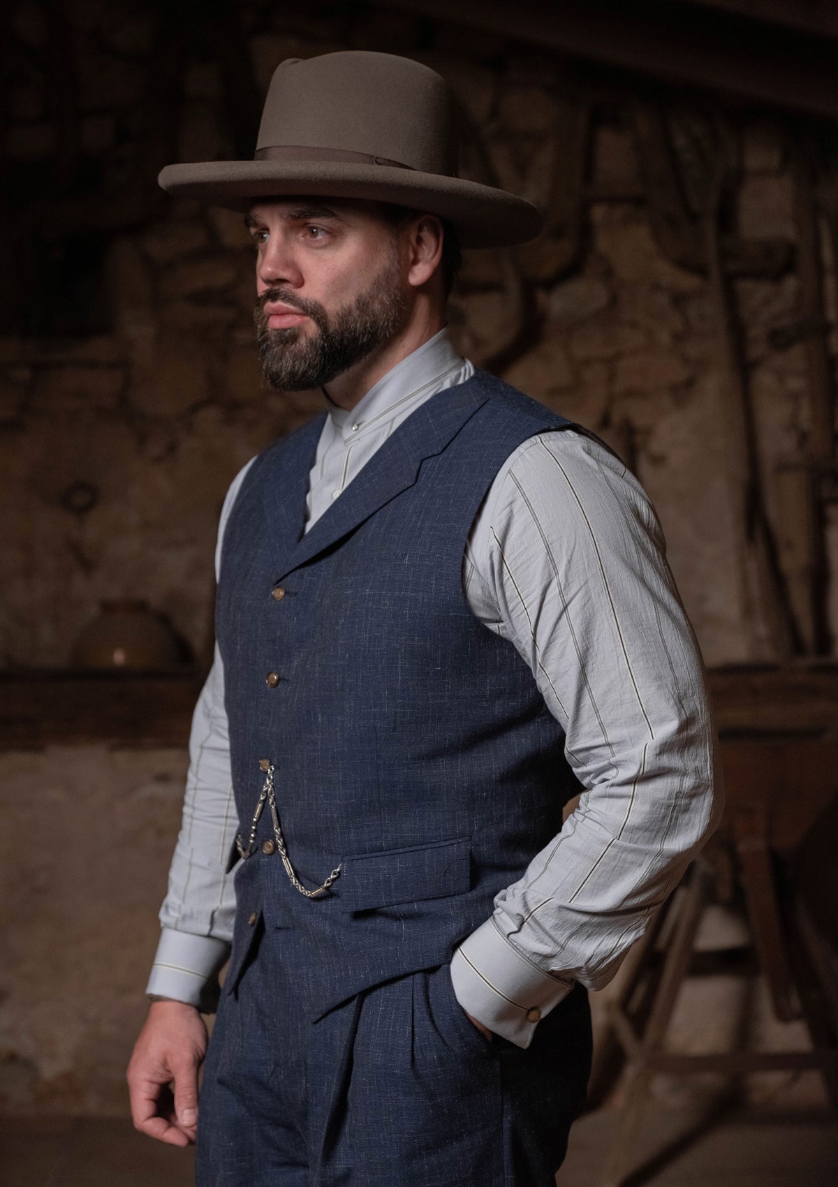 Grandad Collar Cotton Shirt - Blue Stripe