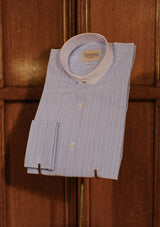Grandad Collar Cotton Shirt - Soft Blue Pinstripe