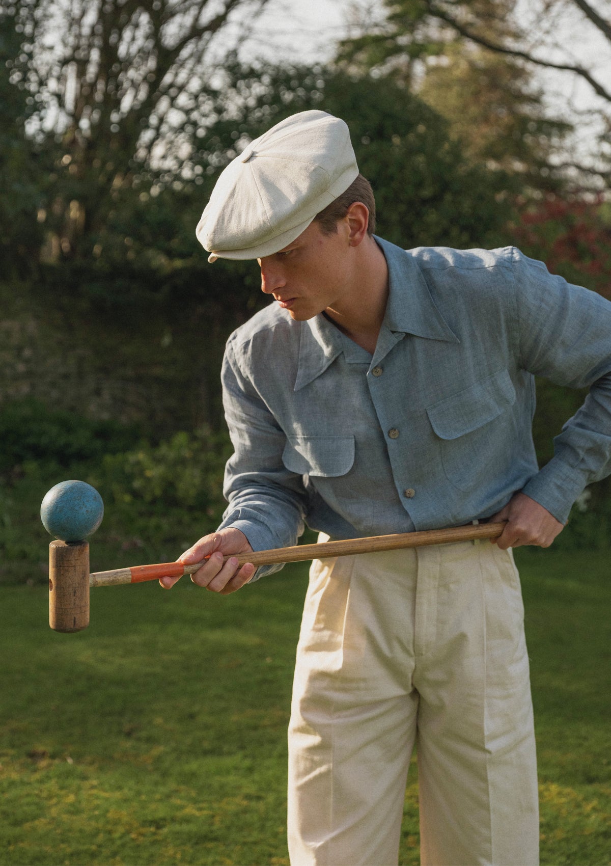 Long Sleeve Linen Camp Collar Board Shirt - Blue