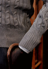 Cable Knit V-Neck Sweater -  Blue Marl