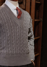 Cable Knit V-Neck Sweater -  Blue Marl