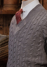 Cable Knit V-Neck Sweater -  Blue Marl