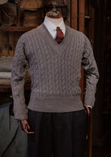 Cable Knit V-Neck Sweater -  Blue Marl