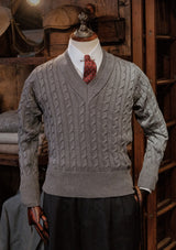 Cable Knit V-Neck Sweater -  Blue Marl