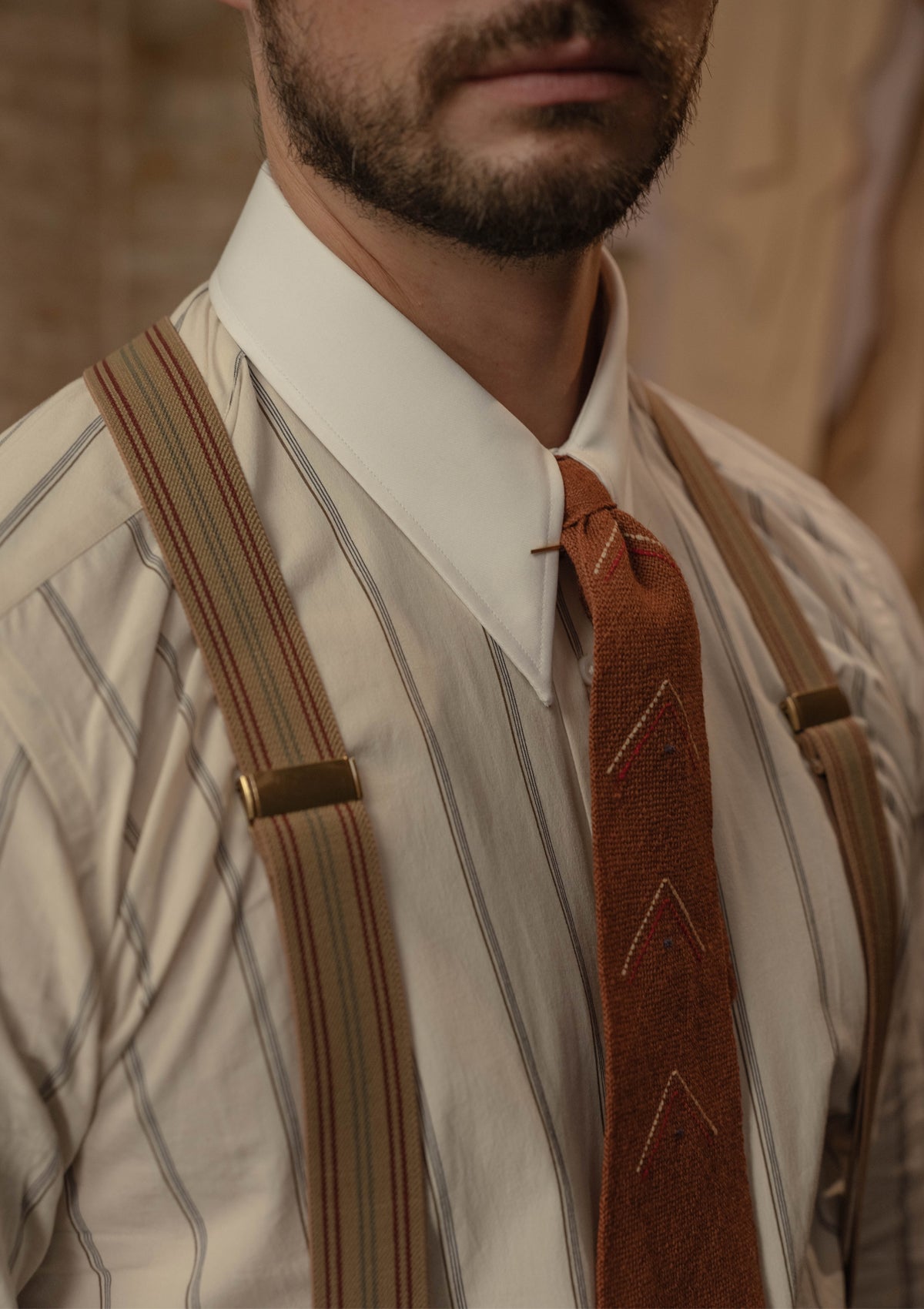 Spearpoint Japanese Cotton Shirt - Cream & Brown Pinstripe