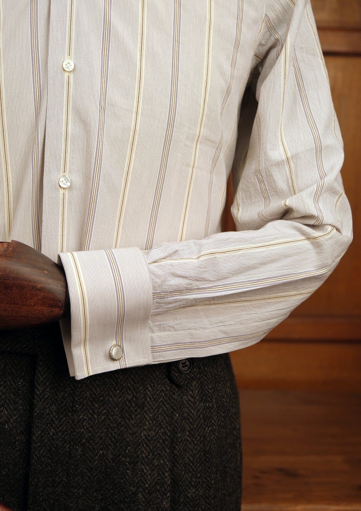 Club Collar Cotton Shirt - Clay Brown Pinstripe