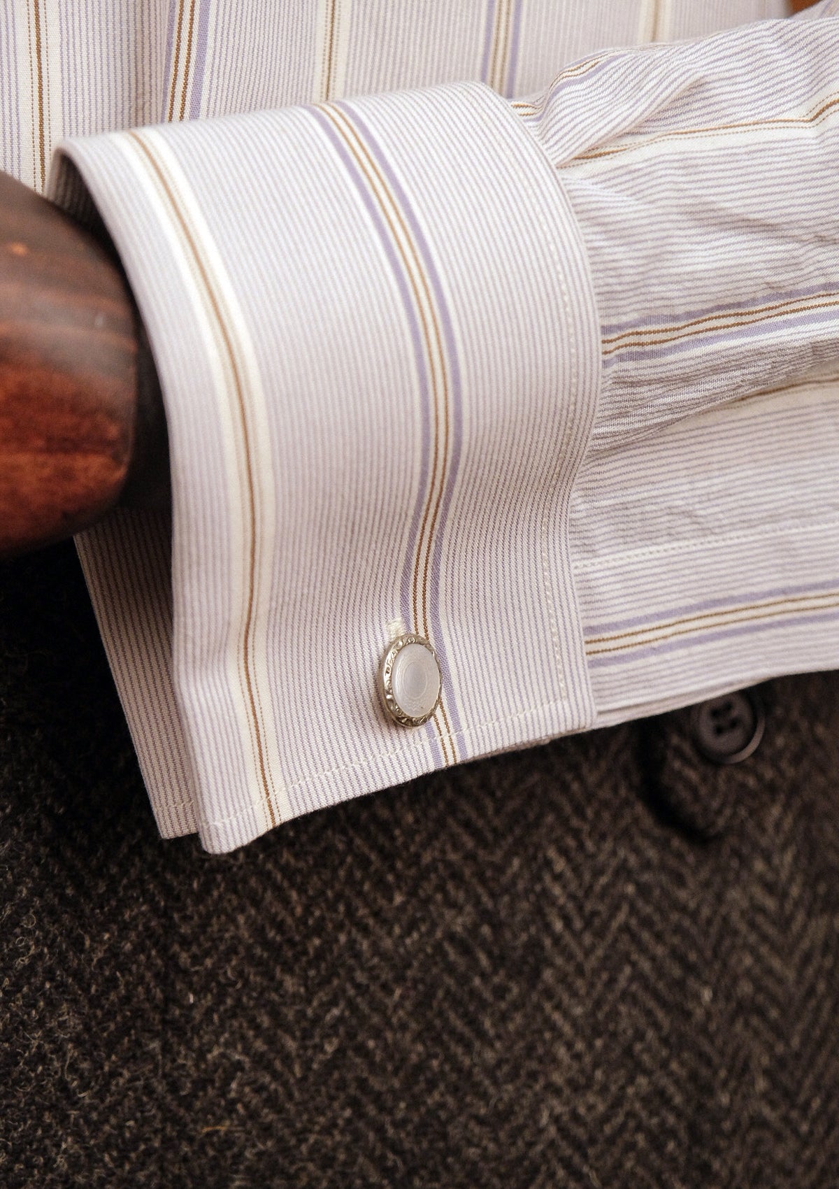 Club Collar Cotton Shirt - Clay Brown Pinstripe