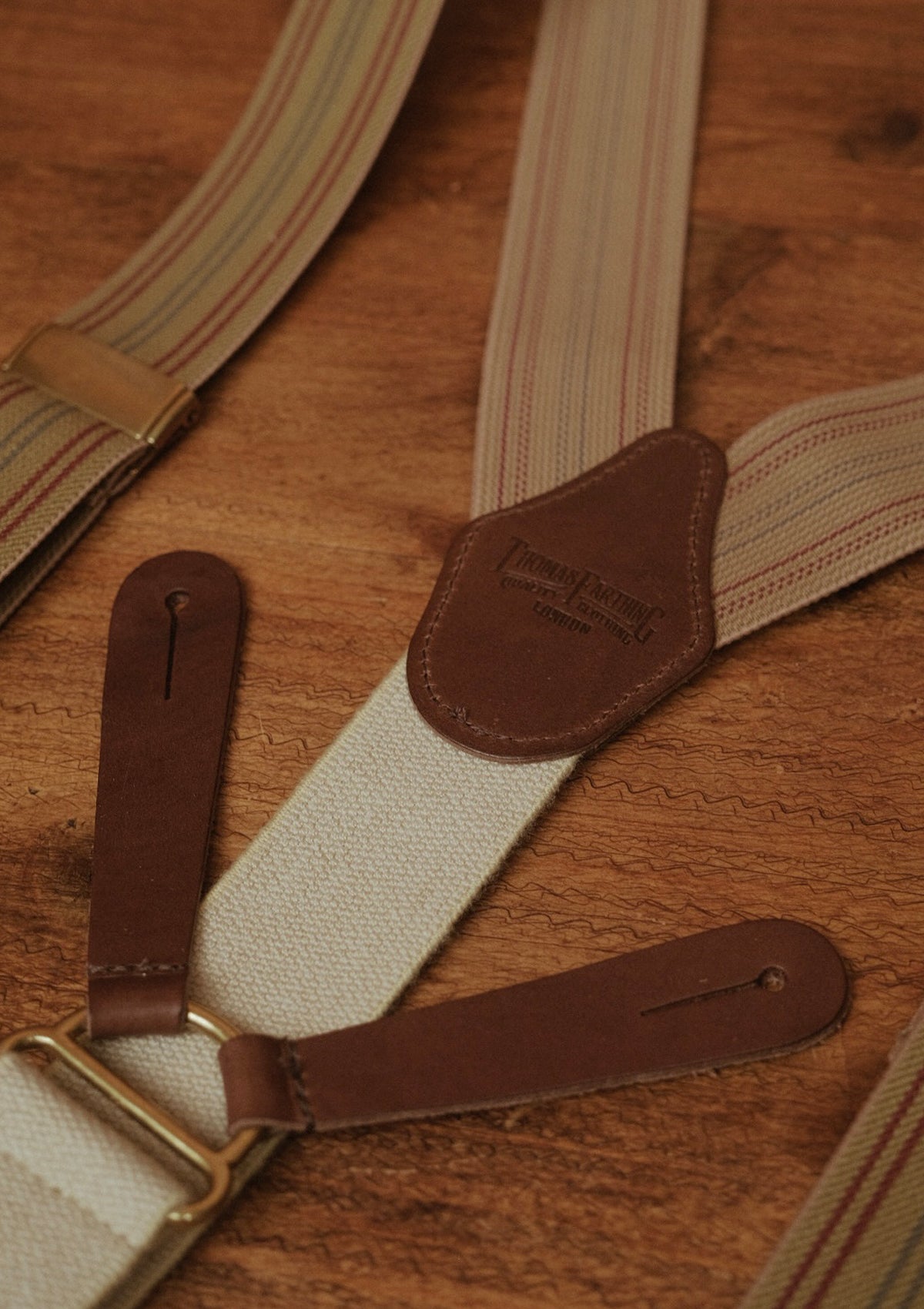 Button Braces w/ Brass Fittings - Oxford Wheat w/ Stripe