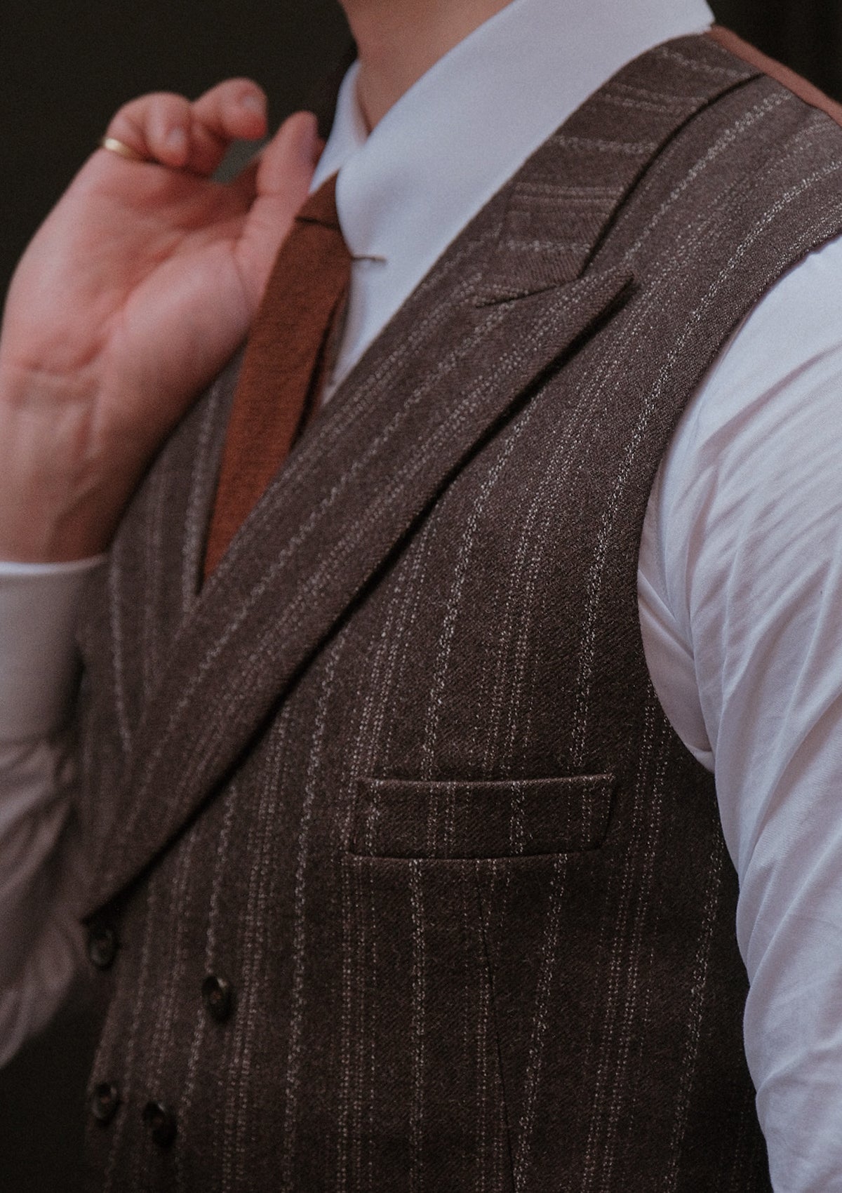 Munro Double Breasted Waistcoat - Dark Taupe with Vintage Grey Stripe