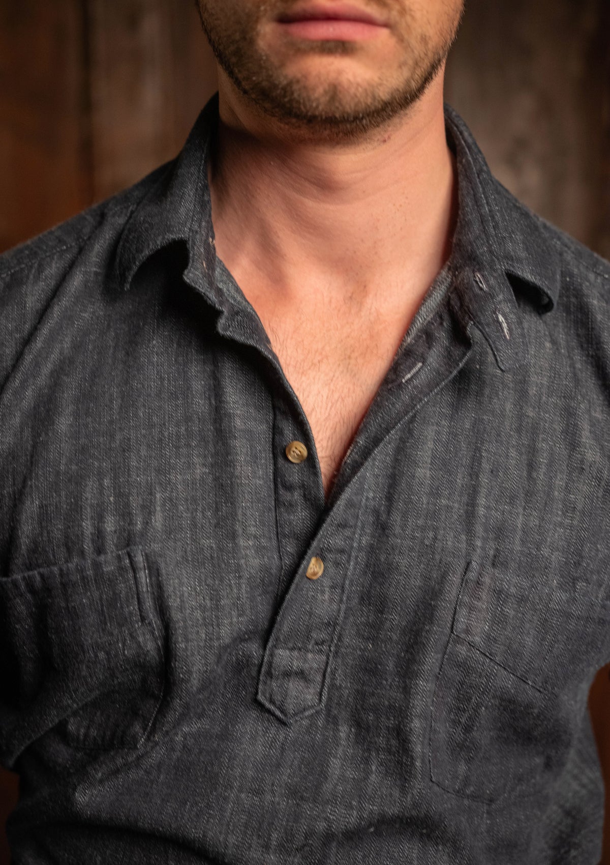 Denim Half Button Long Sleeve Workwear Shirt - Blue