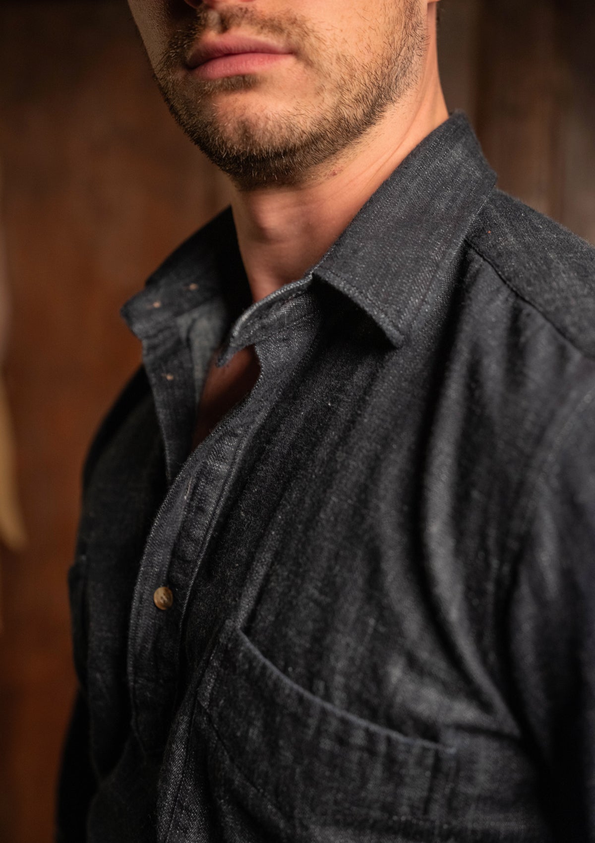 Denim Half Button Long Sleeve Workwear Shirt - Blue