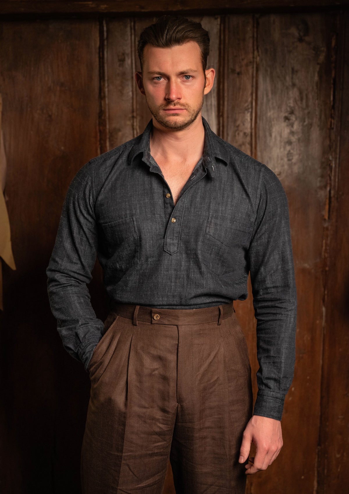 Denim Half Button Long Sleeve Workwear Shirt - Blue