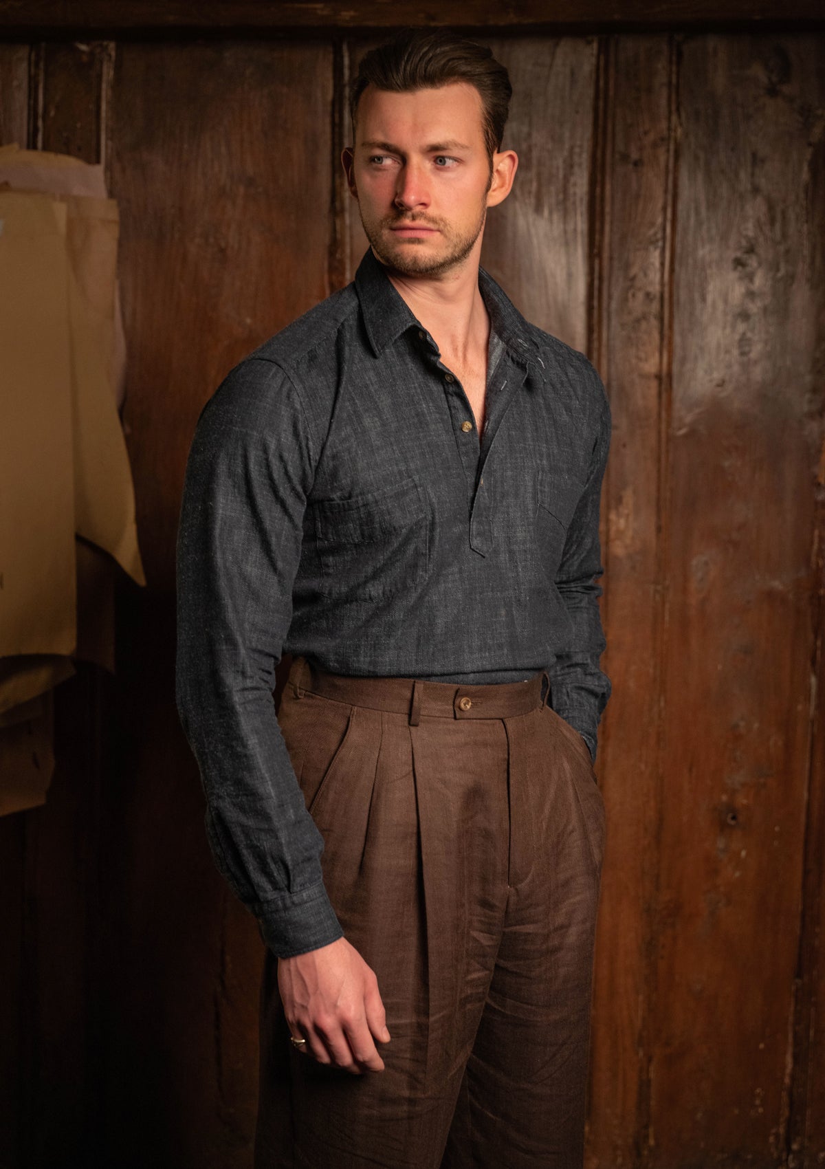 Denim Half Button Long Sleeve Workwear Shirt - Blue