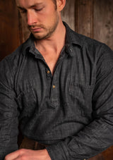 Denim Half Button Long Sleeve Workwear Shirt - Blue