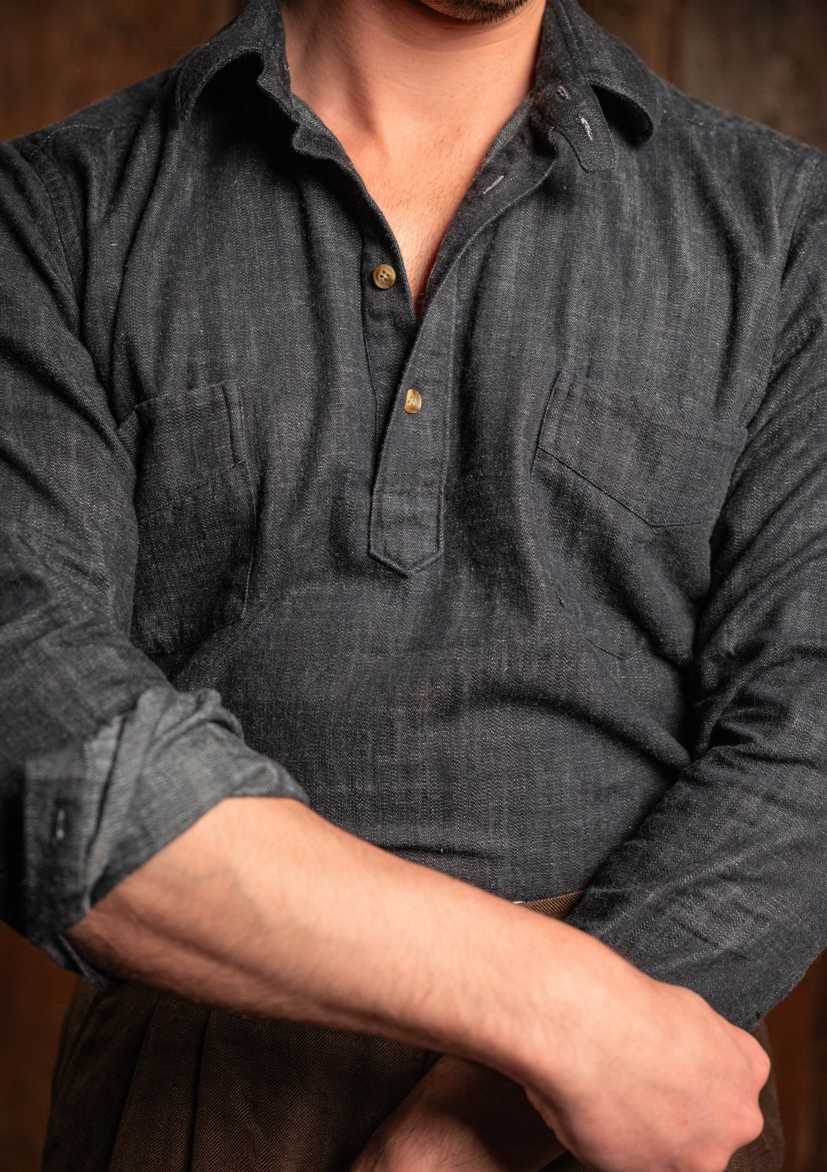 Denim Half Button Long Sleeve Workwear Shirt - Blue