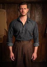 Denim Half Button Long Sleeve Workwear Shirt - Blue