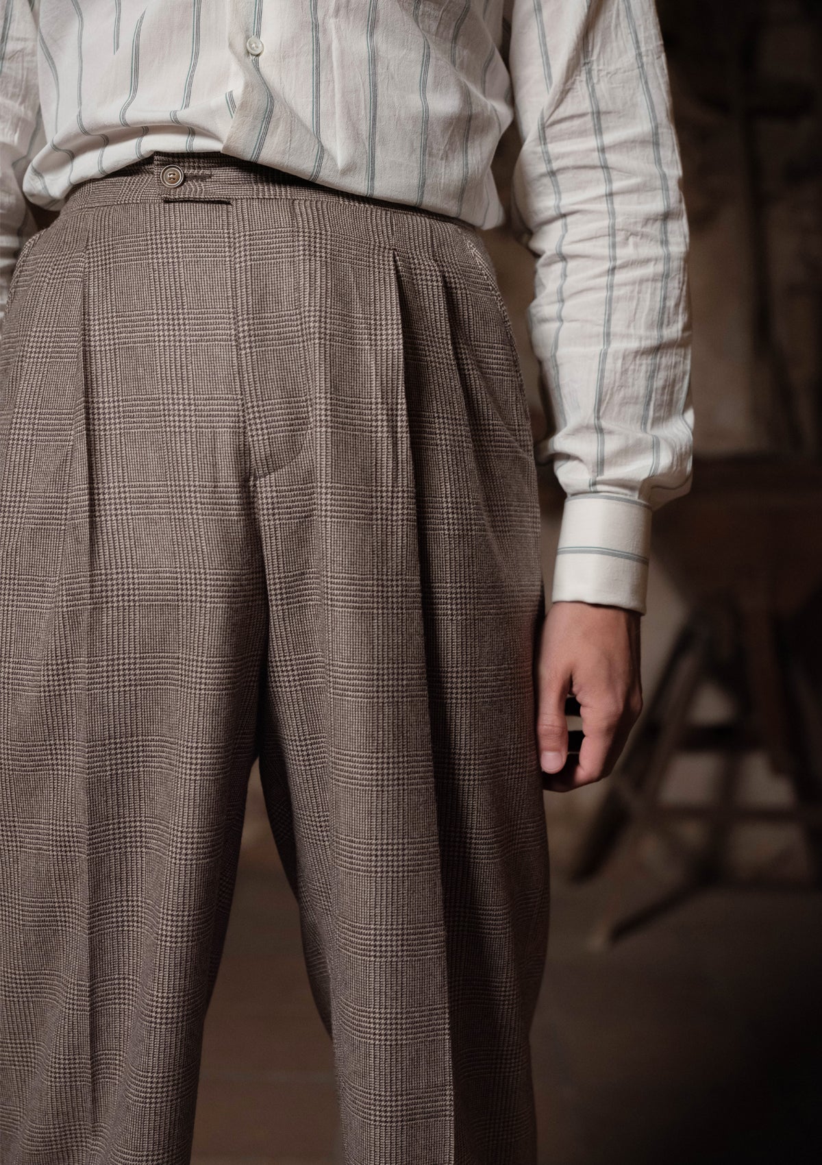 Emile Merino Wool Clark Trouser (Without Belt Loops) - Dark Brown Prince of Wales