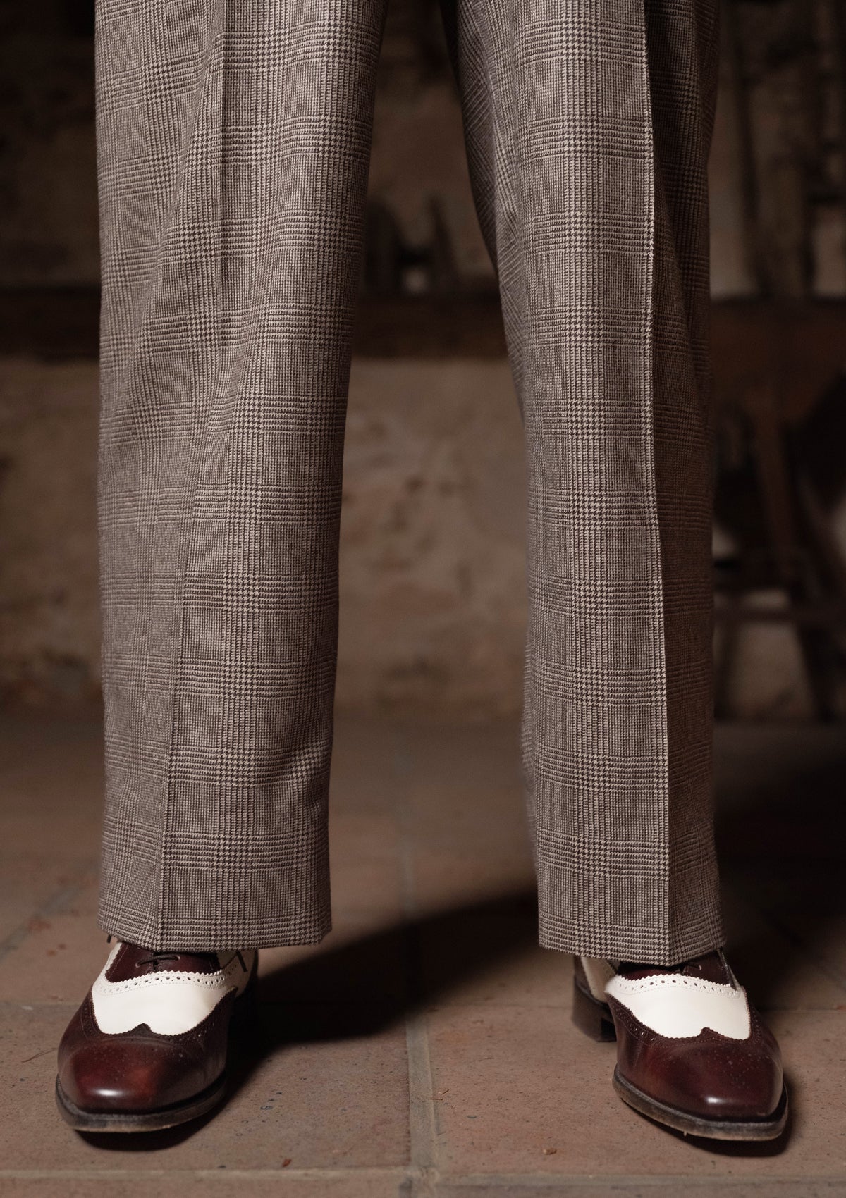Emile Merino Wool Clark Trouser (Without Belt Loops) - Dark Brown Prince of Wales