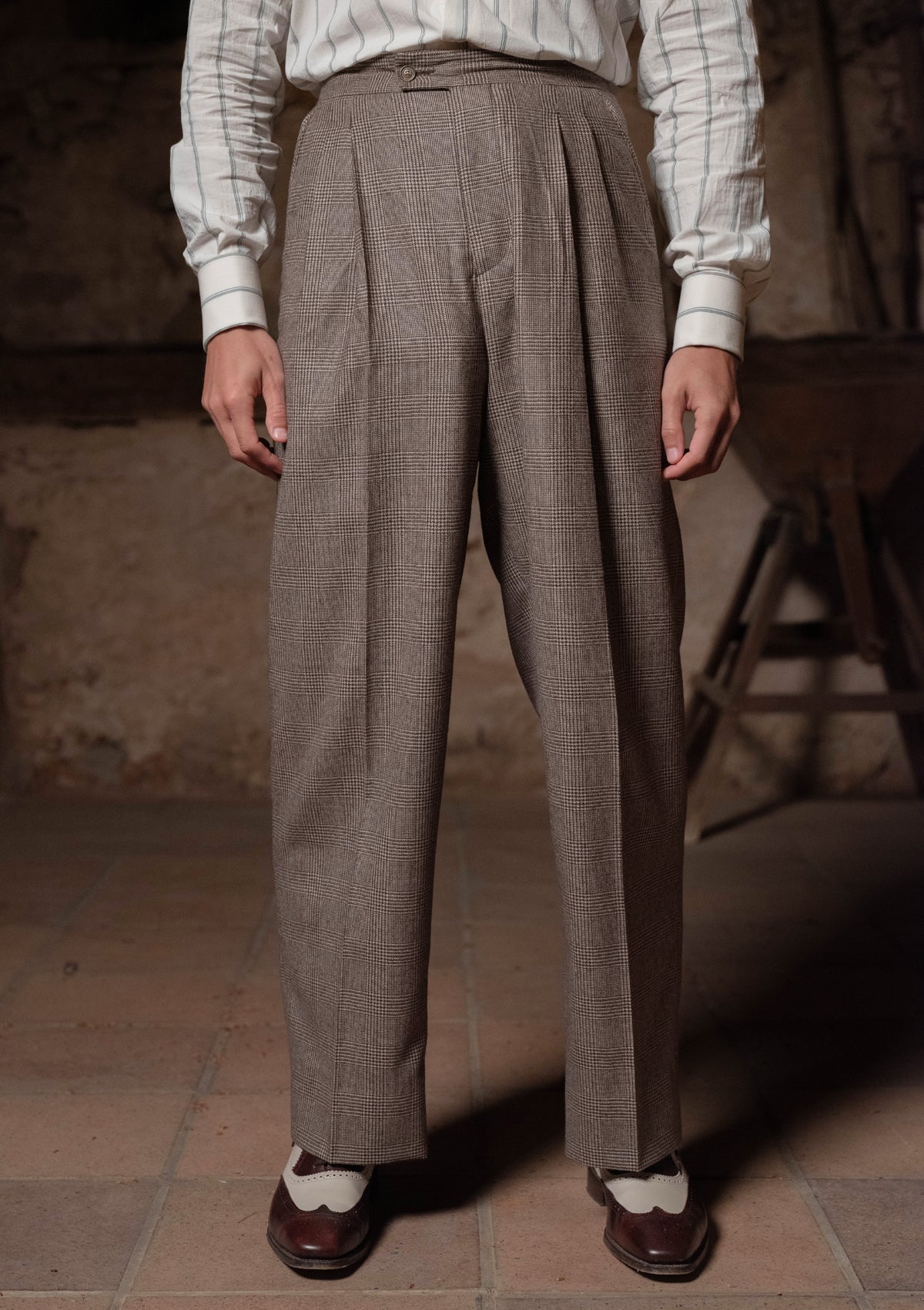 Emile Merino Wool Clark Trouser (Without Belt Loops) - Dark Brown Prince of Wales