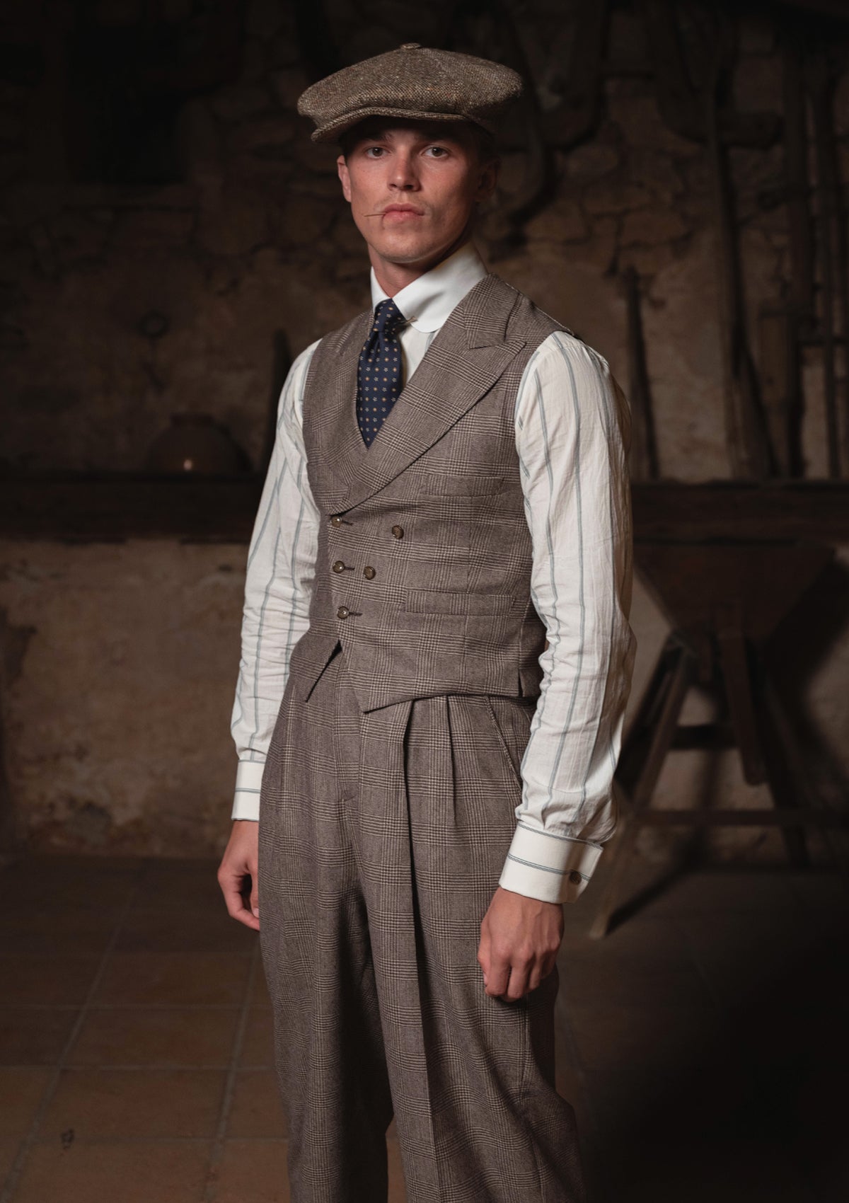 Emile Merino Wool Double Breasted Waistcoat - Dark Brown Prince of Wales