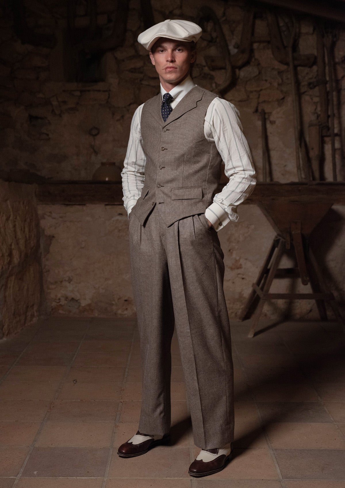 Emile Merino Wool Clark Trouser (Without Belt Loops) - Dark Brown Prince of Wales