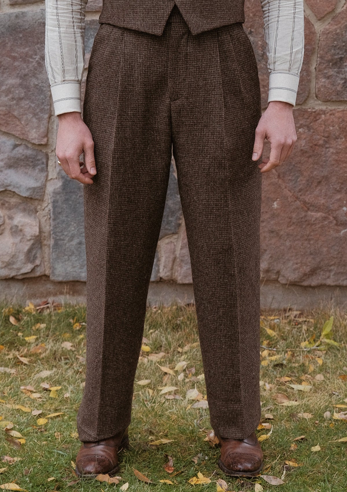 Emile Merino Wool Clark Trouser (Without Belt Loops) - Brown Micro Houndstooth
