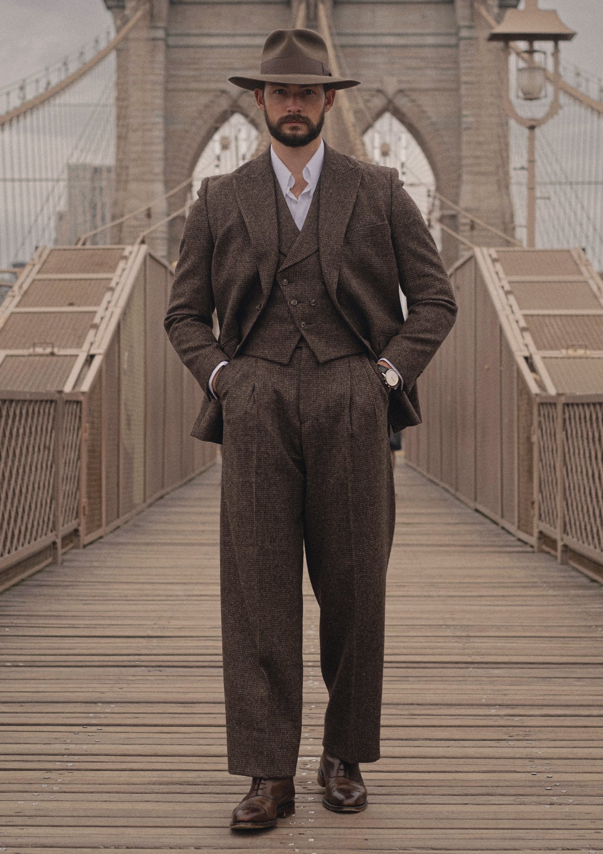 Emile Merino Wool Clark Trouser (Without Belt Loops) - Brown Micro Houndstooth