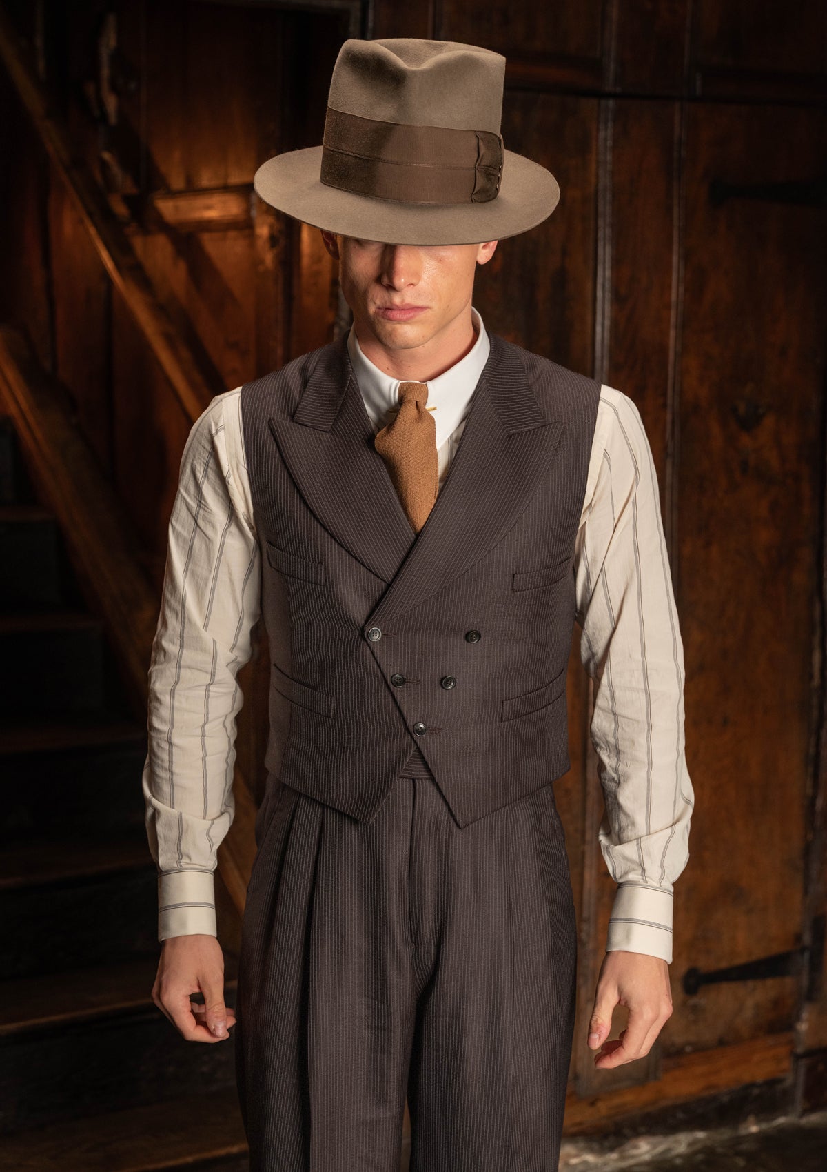 Emile Merino Wool Double Breasted Waistcoat - Tailor's Walnut Pinstripe