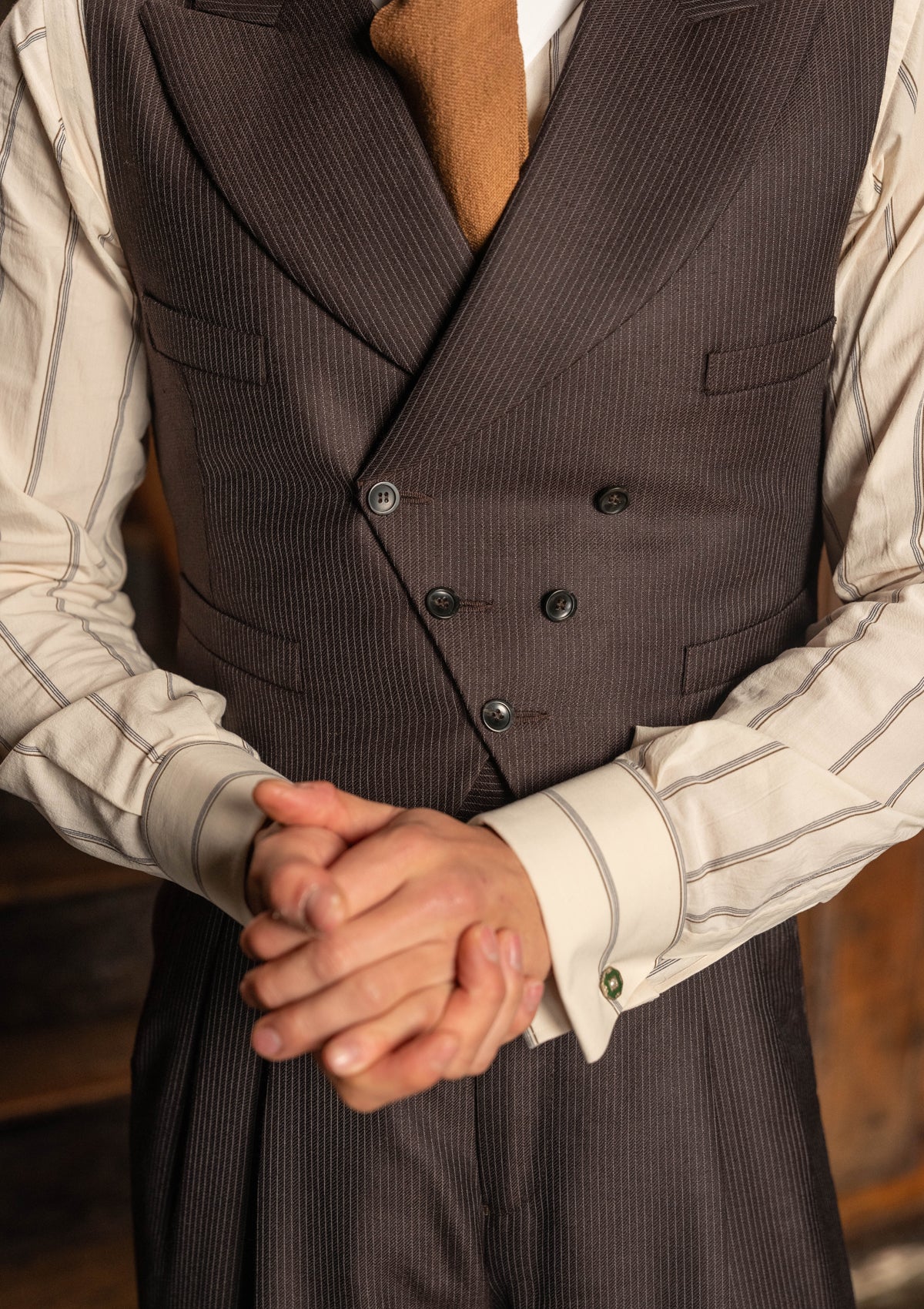 Emile Merino Wool Double Breasted Waistcoat - Tailor's Walnut Pinstripe